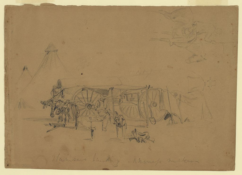 A harness maker at work outdoors with leather hides and hand tools, photographed in 1862