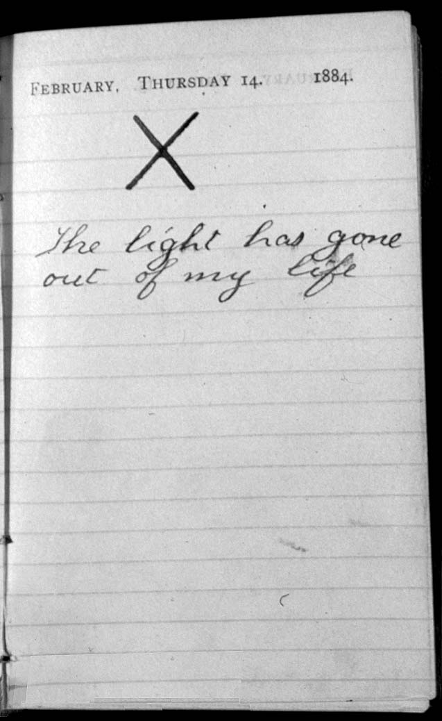 A handwritten page from Theodore Roosevelt's pocket diary, 14 February 1884, marked with a large X