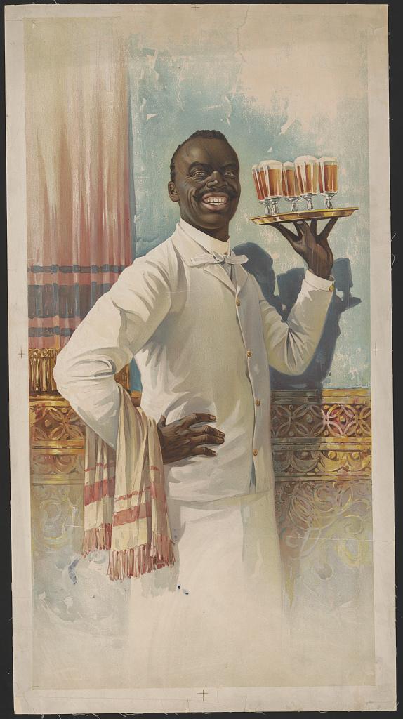 A waiter holding up a tray of drinking glasses, photographed about 1880