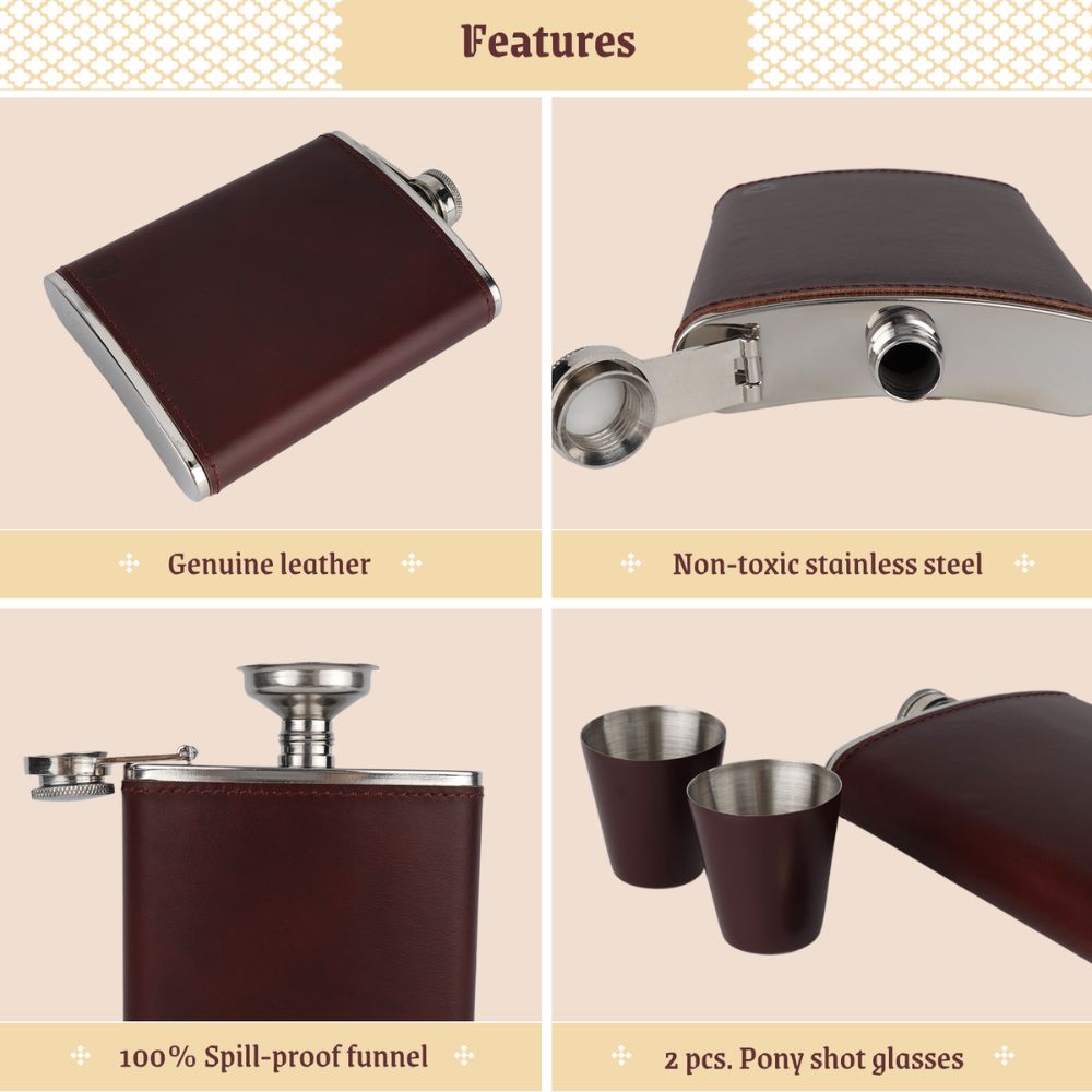 Close-up of the smooth PU leather wrap on an 8 oz stainless hip flask