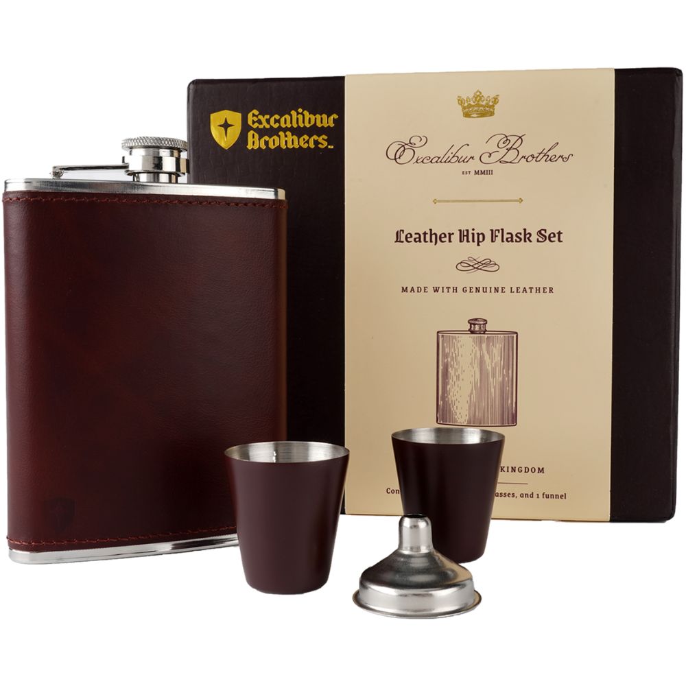 The 8 oz Excalibur Brothers leather-wrapped flask, product photograph